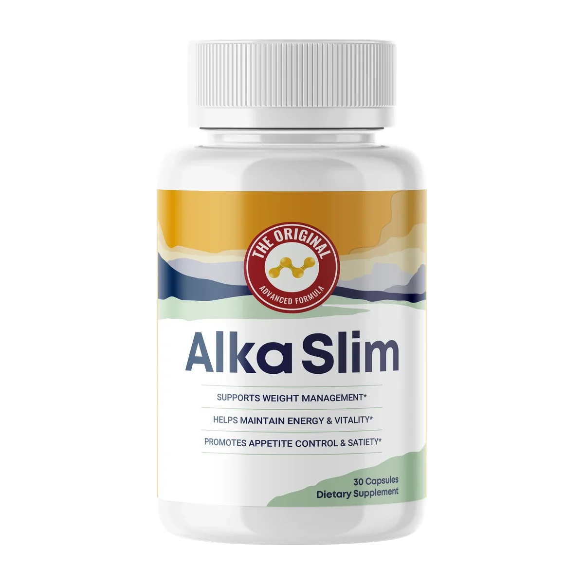 A single AlkaSlim bottle — 30 capsules, one capsule daily with water