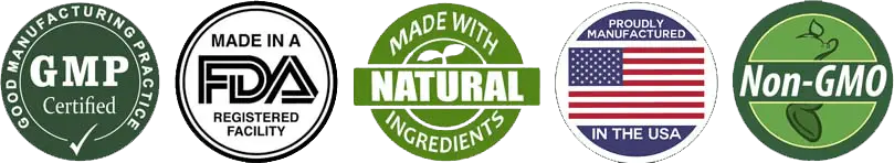 Manufacturer's badge strip: GMP certified, made in an FDA-registered facility, non-GMO, natural ingredients